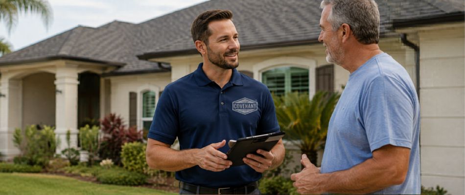 Covenant Roofing team member answering roofing FAQs during a roof evaluation with a Florida homeowner