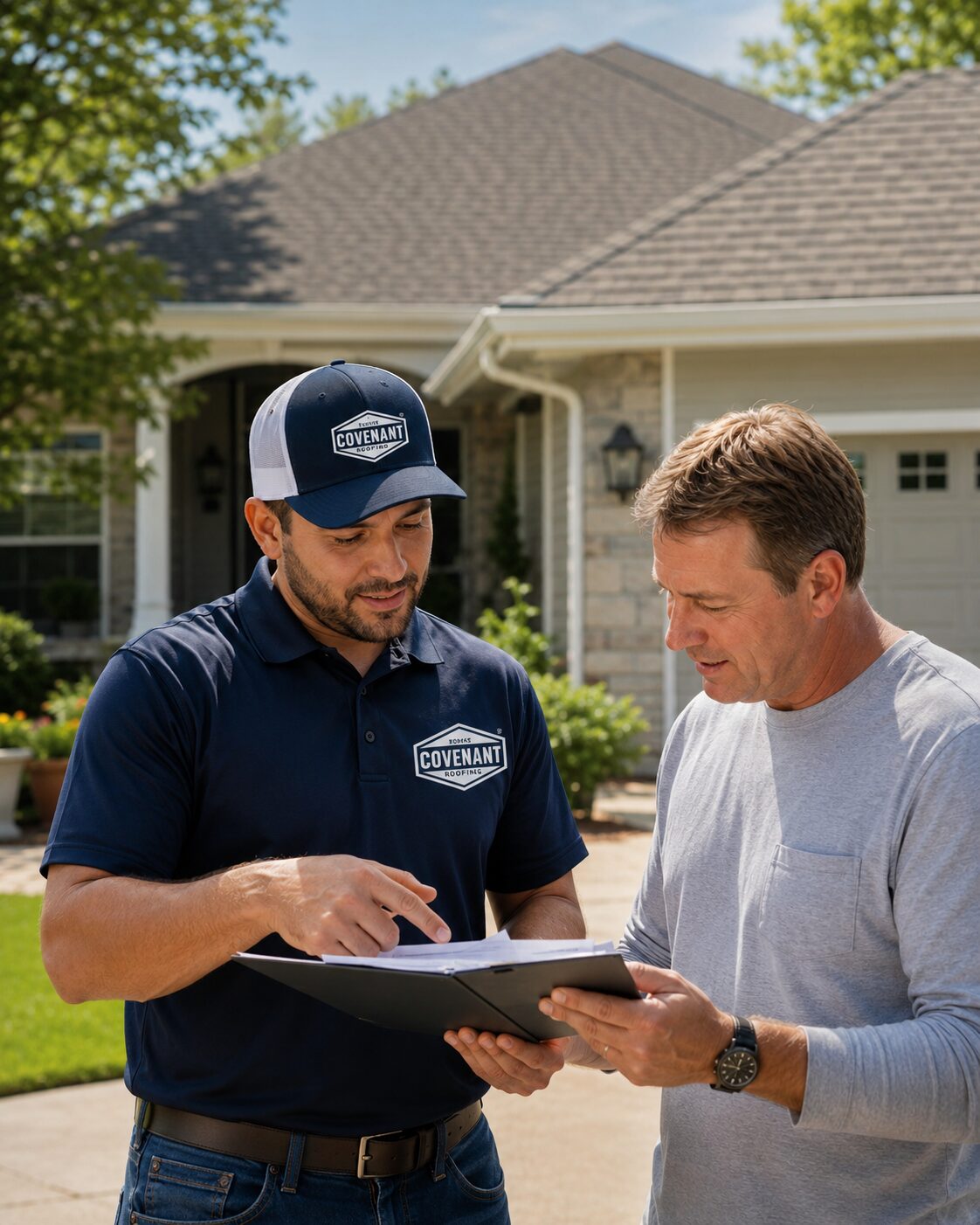 Covenant Roofing team member helping a Florida homeowner compare roofing estimates