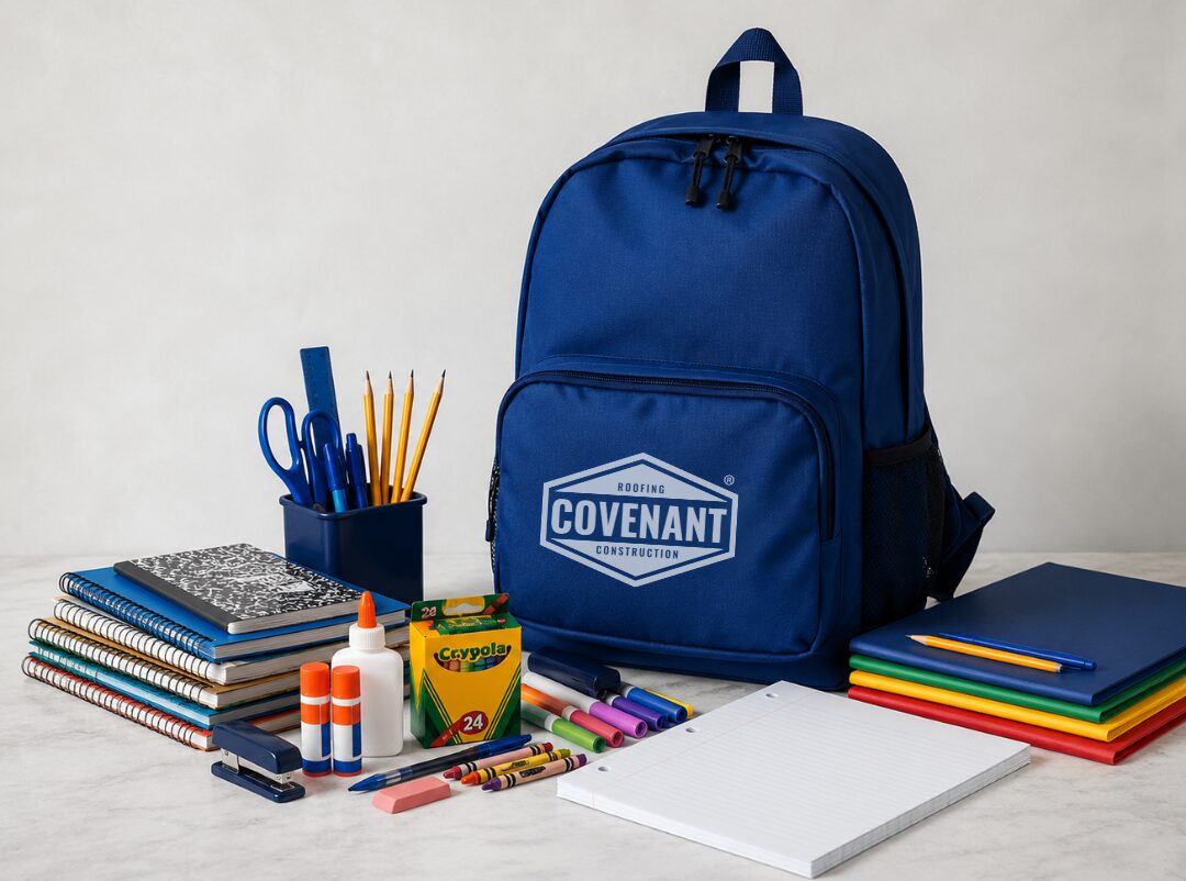 Blue Covenant Roofing backpack surrounded by school supplies for the Core Tools for Schools Summer Supply Drive supporting Lake County public schools.