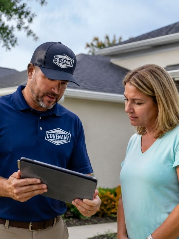Covenant Roofing and Construction team member explaining roof repair vs replacement options to Florida homeowner
